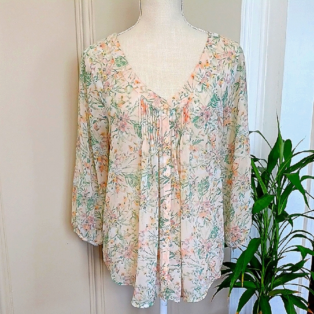 Lauren Conrad - Floral V-Neck Semi-sheer Long Sleeve Blouse